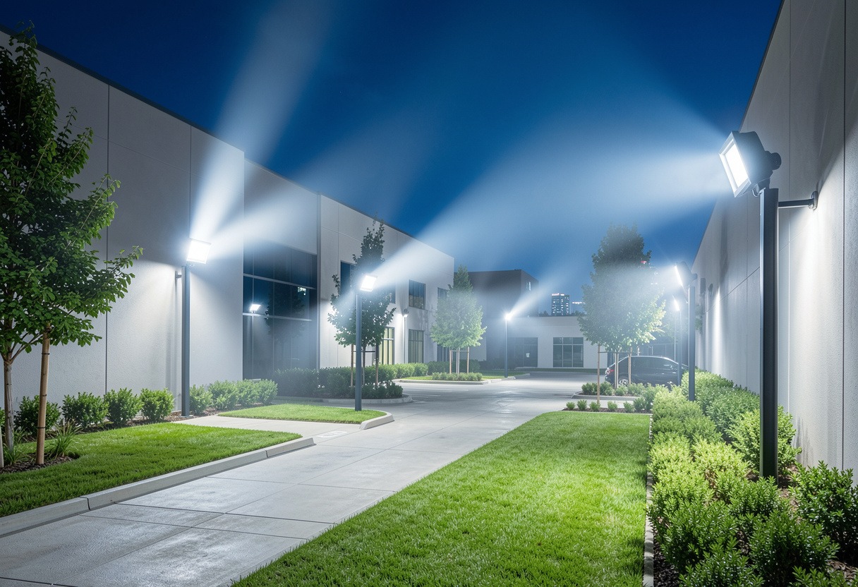 LED floodlights illuminating a commercial building exterior and pathway at night with bright, wide-angle lighting for enhanced safety and visibility