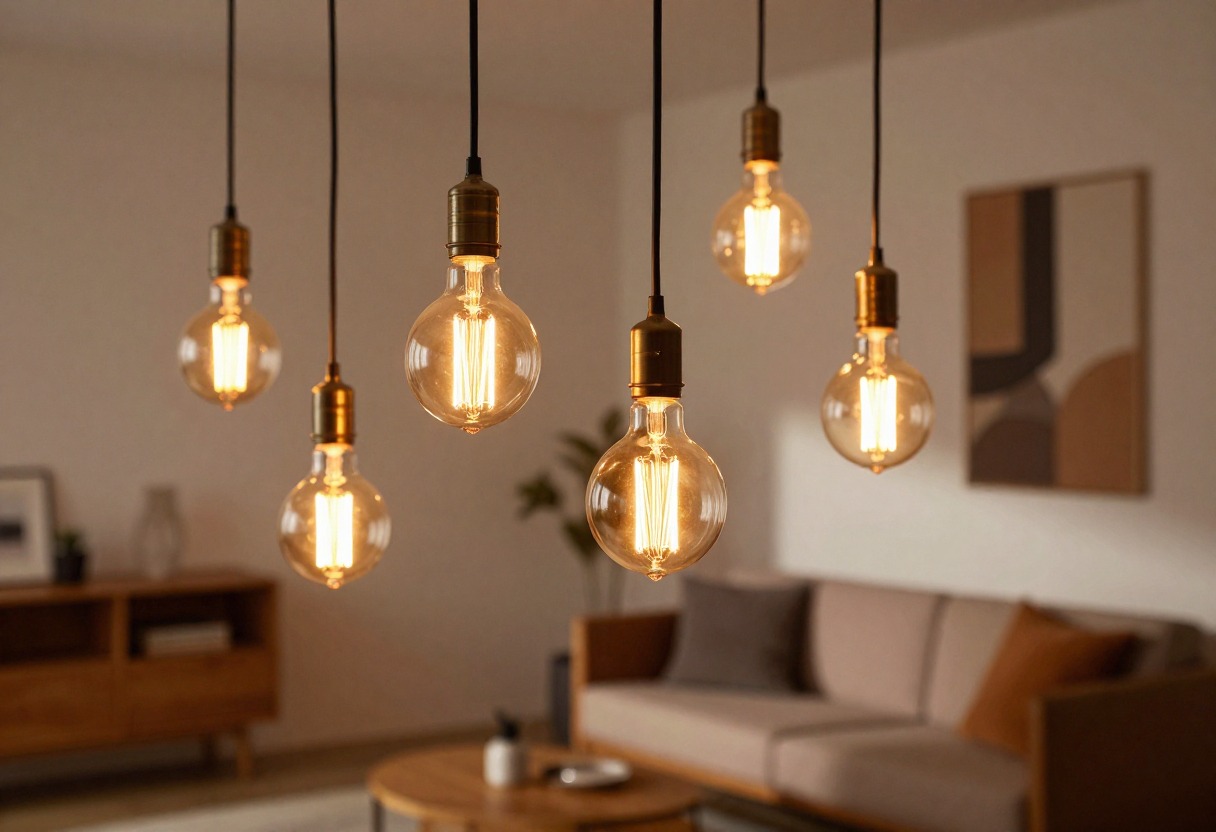 Warm glowing LED filament bulbs hanging in a modern living room with vintage-style design, showcasing energy-efficient decorative lighting by Glaze Electricals.